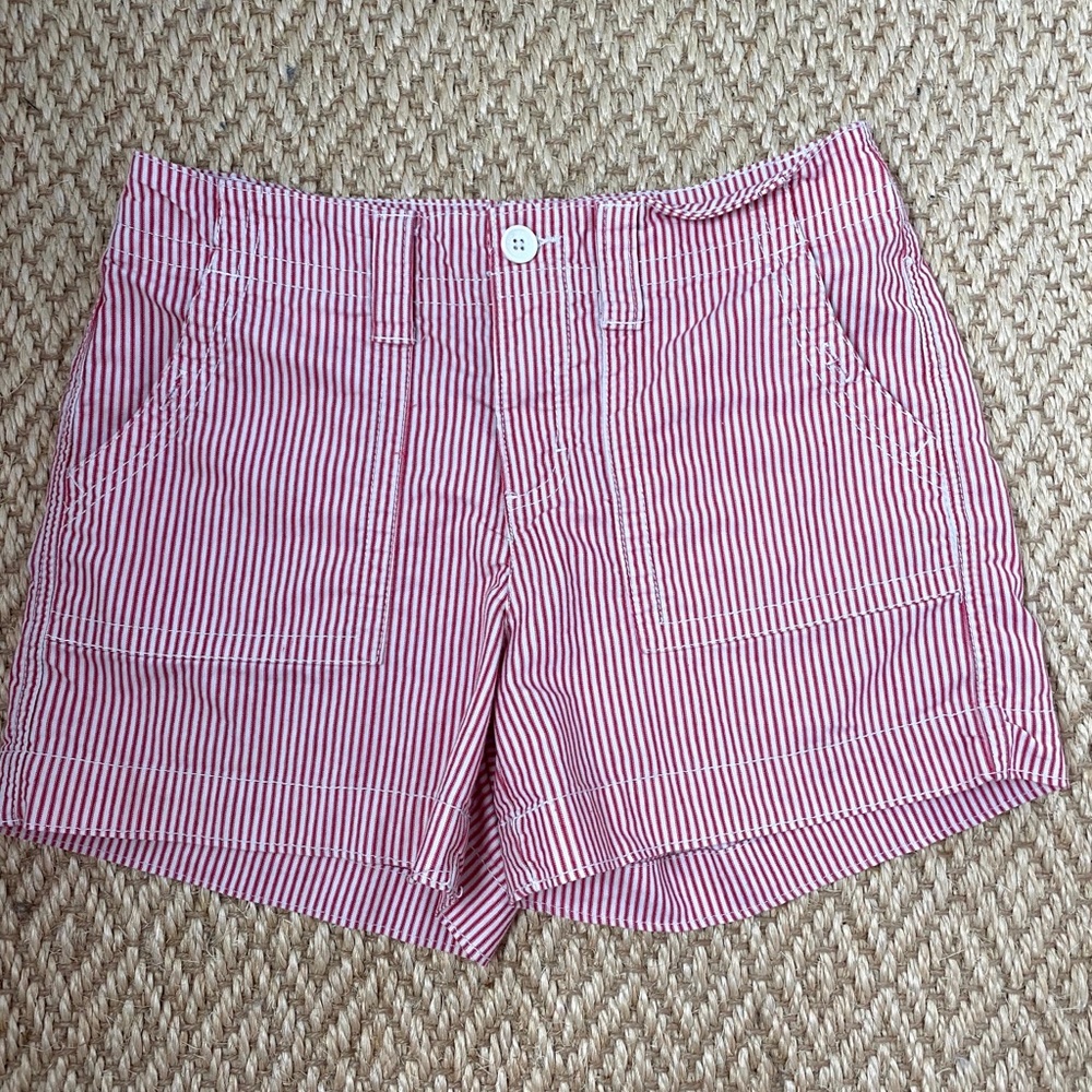 High Waisted Red and White Pinstripe Shorts 8